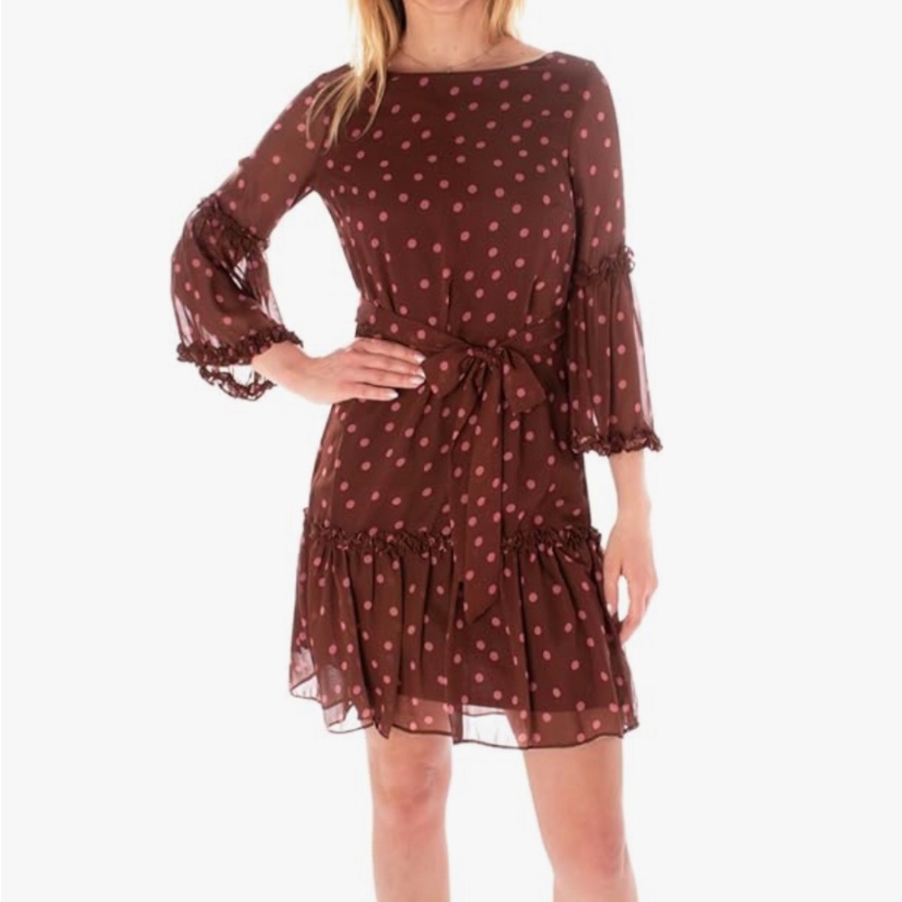 Maison Tara Modern Polka Dot Ruffle Trim 3/4 Sleeve Dress Women's 12 Mocha Rose